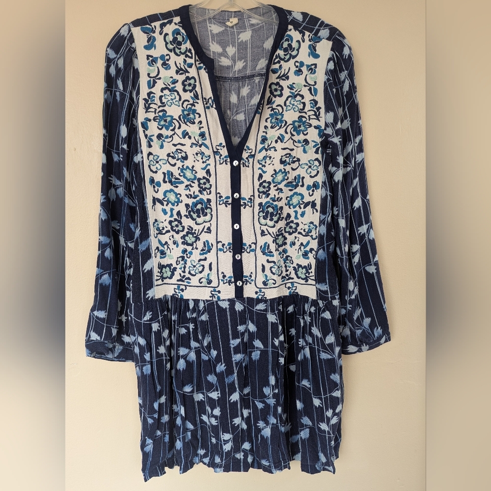 Tiny (Anthropologie) Semele Embroidered Shirt Dress, Blue Motif (SIZE SMALL)